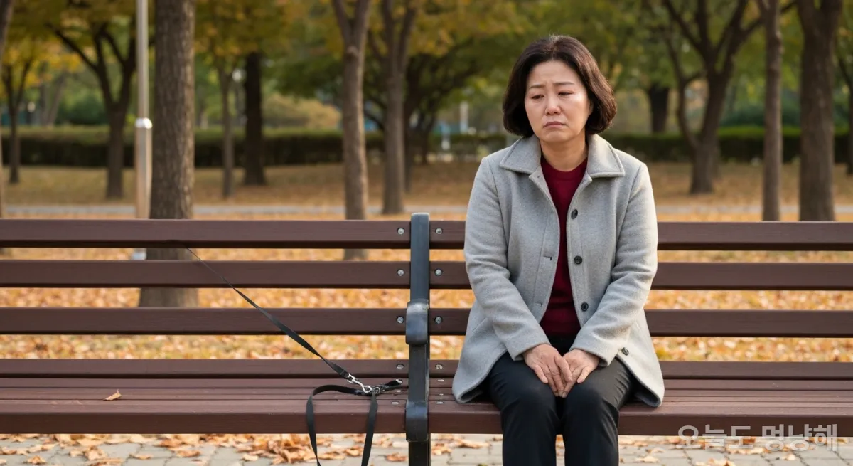 공원 벤치에 앉아 반려동물을 그리워하는 한국 여성