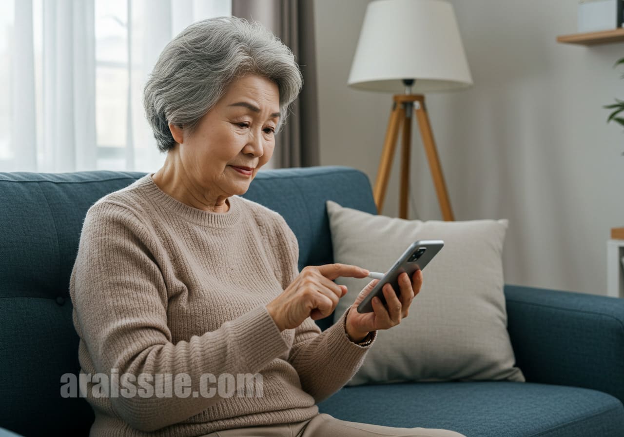 집에서 스마트폰으로 혈당 확인하는 노인