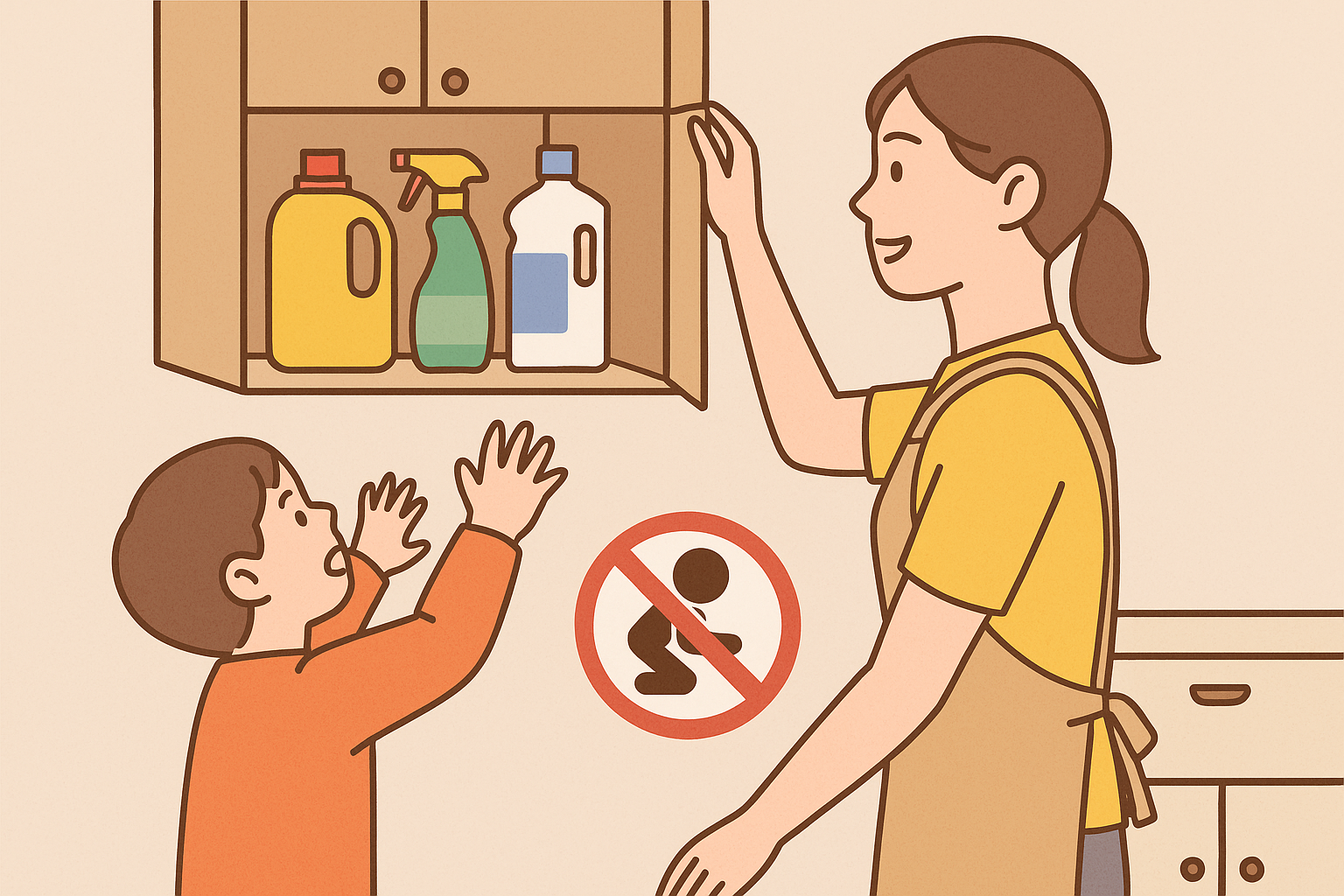 어린이 손이 닿지 않는 높은 선반에 세제를 보관하는 일러스트 – 보호자가 정리하고 있고 아이는 손을 뻗는 장면