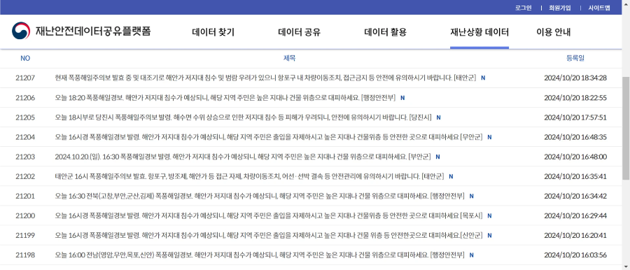 국가 재난안전 데이터 공유 플랫폼 화면