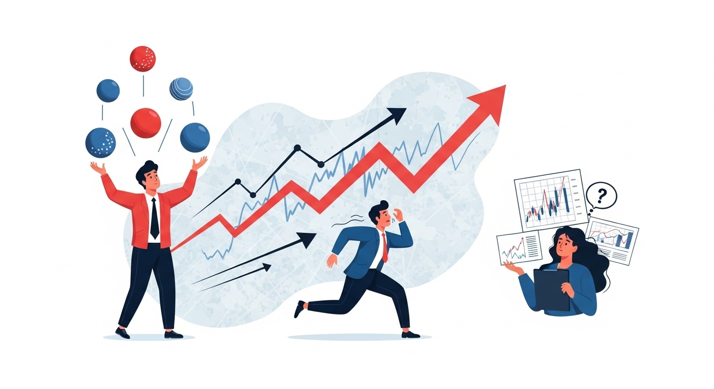 너무 많은 ETF를 관리하려다 놓치는 사람, 유행을 쫓아 달려가는 사람 등 초보 투자자의 흔한 실수를 시각적으로 표현한 그림