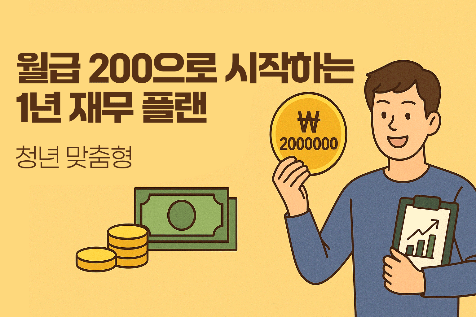 월급 200으로 시작하는 1년 재무 플랜 - 200만원 코인과 재무 차트를 든 청년 일러스트