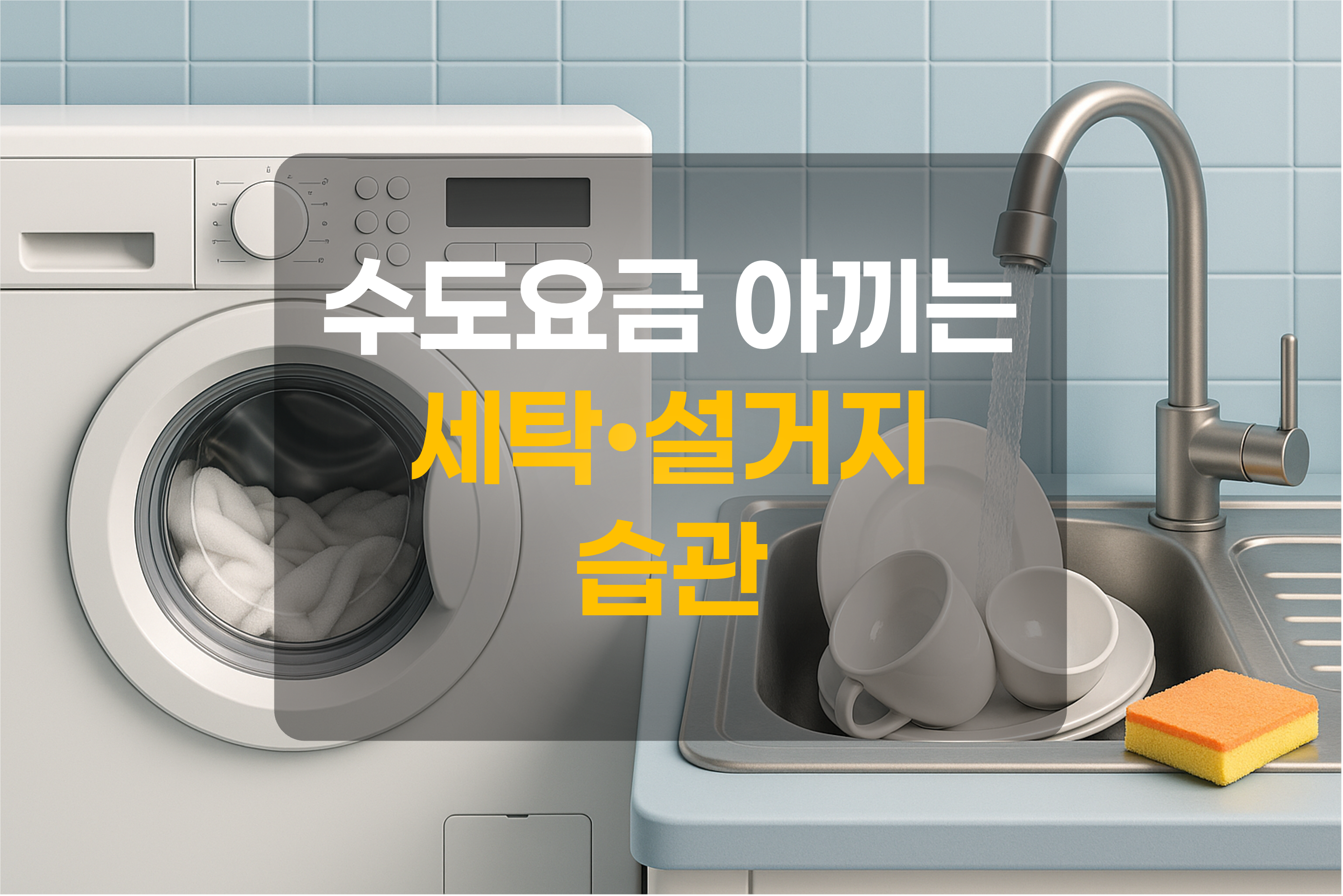 수도를 사용하는 세탁기, 설거지 개수대를 표현한 그림