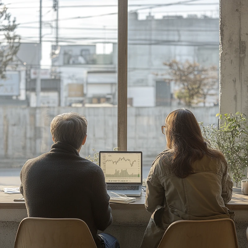 햇살이 비치는 카페에서 투자자들이 미국과 한국의 월배당 ETF 성과 차트를 검토하며 조용하면서도 정보에 기반한 투자 순간을 즐기는 모습.