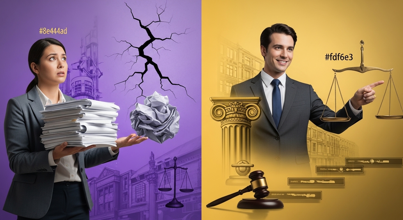 복잡한 부동산 분쟁 속에서 법률 전문가와 함께 문제 해결의 실마리를 찾는 모습, 중요한 계약서와 법률 서류들이 강조되어 있습니다.