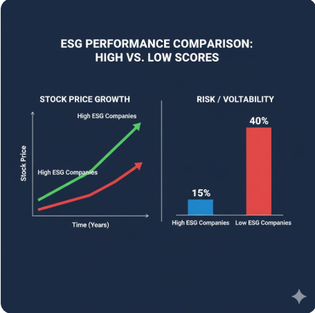 ESG 점수가 높은 기업과 낮은 기업의 주가 및 리스크 지표 비교 차트