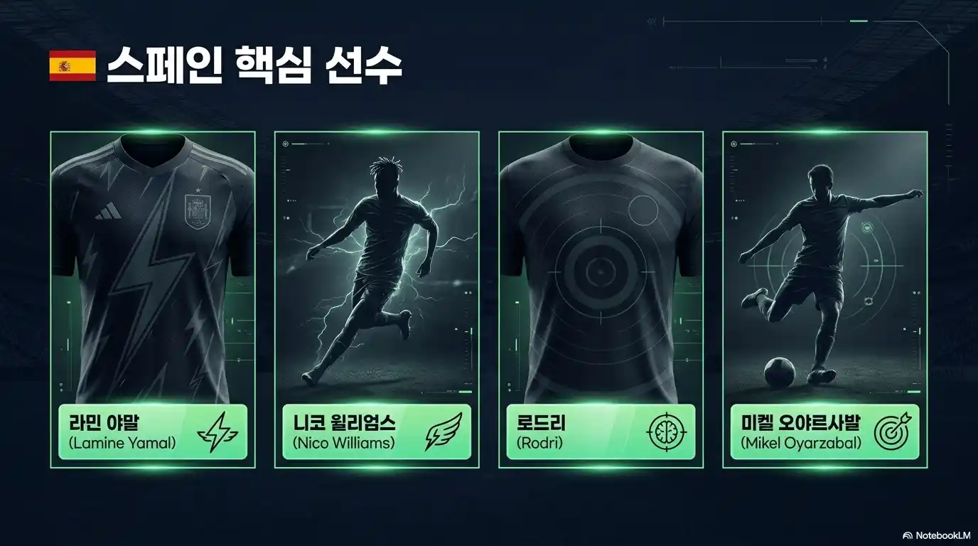 스페인 핵심 선수 소개 - 라민 야말 Lamine Yamal, 니코 윌리엄스 Nico Williams, 로드리 Rodri, 미켈 오야르사발 Mikel Oyarzabal