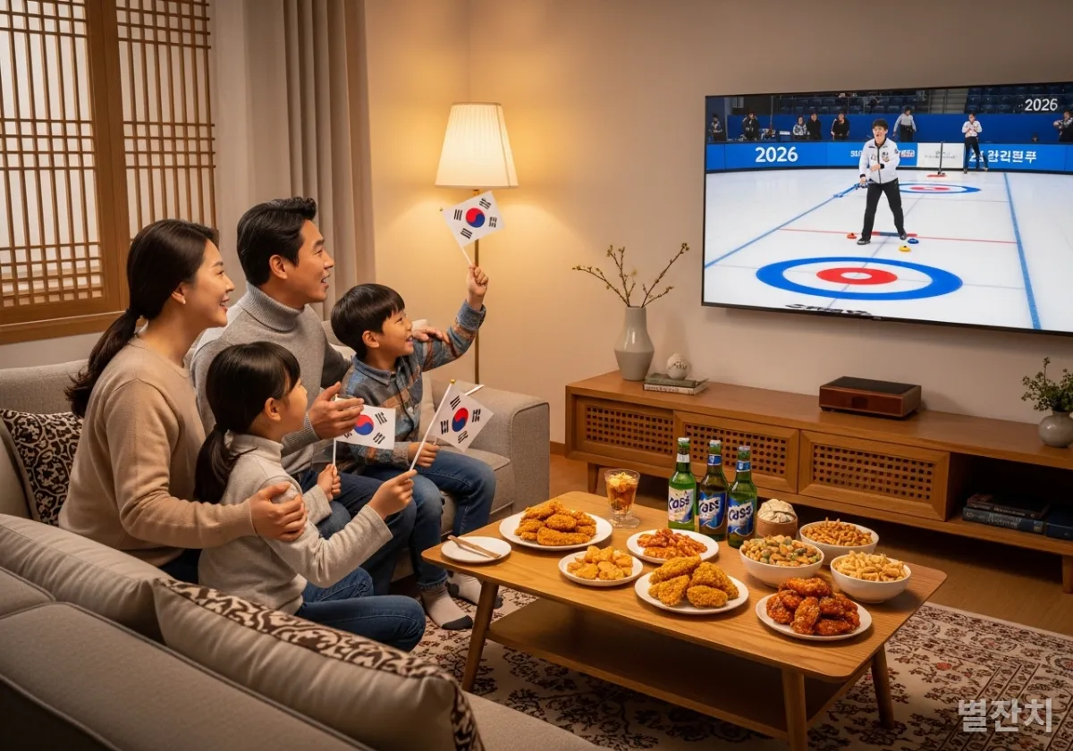 거실에서 TV로 2026 동계올림픽 컬링 경기를 응원하는 한국 가족의 모습