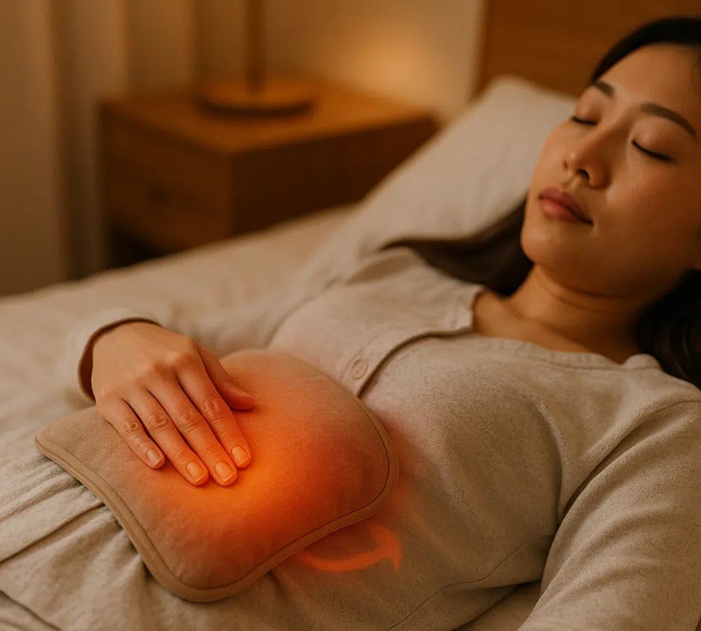 침대 위에서 아랫배에 따뜻한 찜질팩을 올린 사람, 40~45도 온도의 찜질팩, 편안히 누워 있는 모습, 복부 마사지를 하는 손, 내장 혈액순환을 돕는 따뜻한 느낌