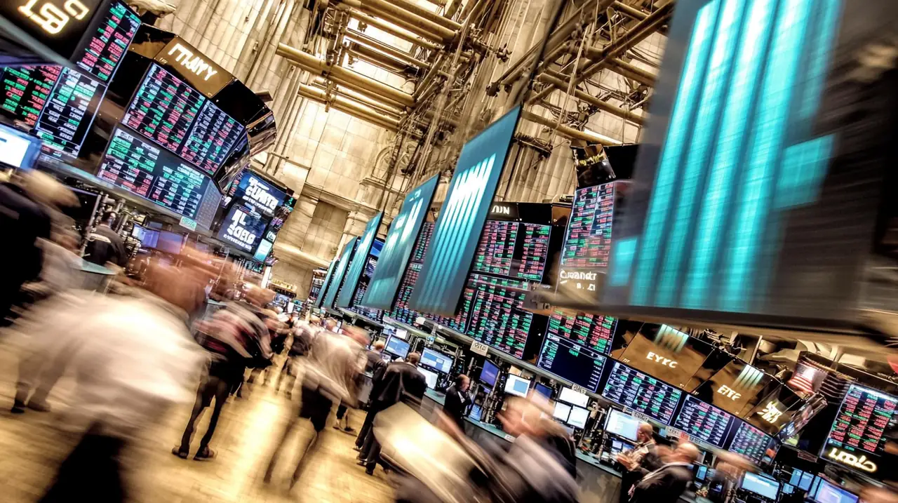 활기 넘치는 주식 시장에서 트레이더들이 ETF 현황을 실시간으로 분석하며 투자 기회의 활력을 전달하는 장면을 묘사하고 있습니다. 밝고 역동적인 화면의 분위기가 재현됩니다.