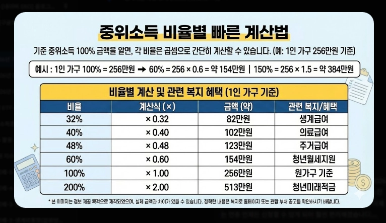 2026년 기준 중위소득 확인법 [복지 혜택] 100%~200% 구간별 정리 및 신청 가이드