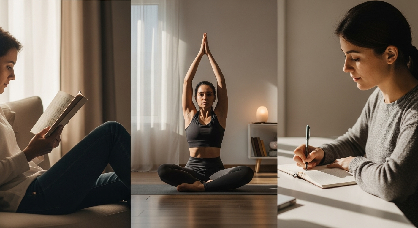 지적 성장(독서), 신체 건강(요가), 정서적 안정(일기쓰기) 등 분야별 자기계발 루틴을 실천하는 사람들의 모습을 나란히 보여주는 이미지.