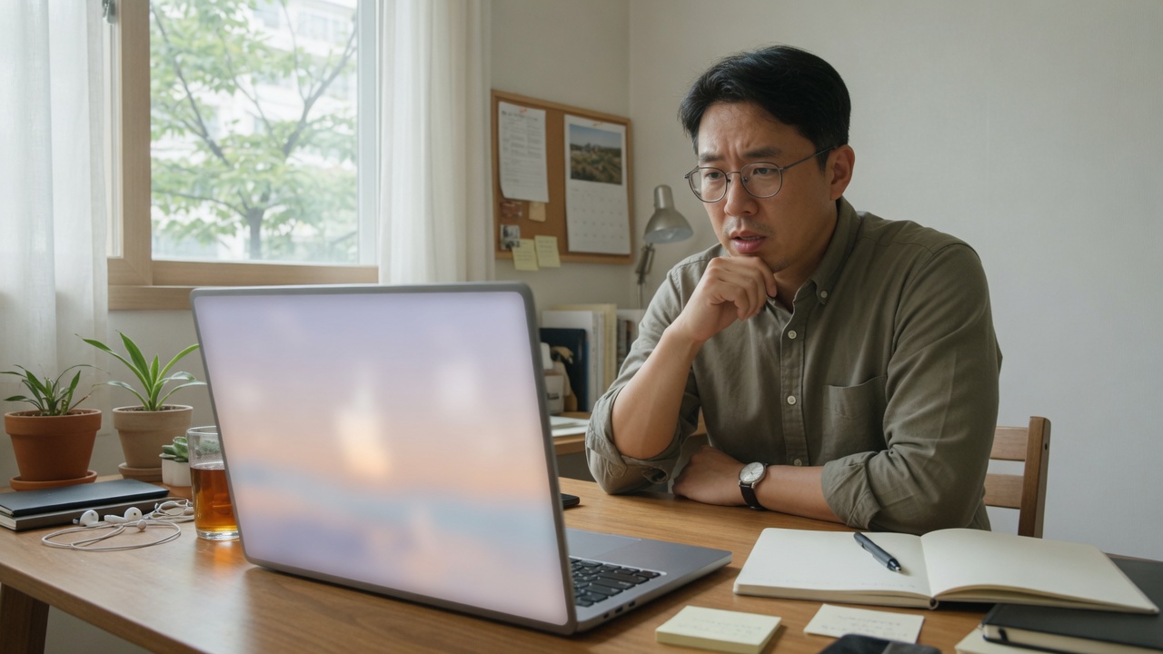 책상에서 노트북 세무 화면을 보는 장면