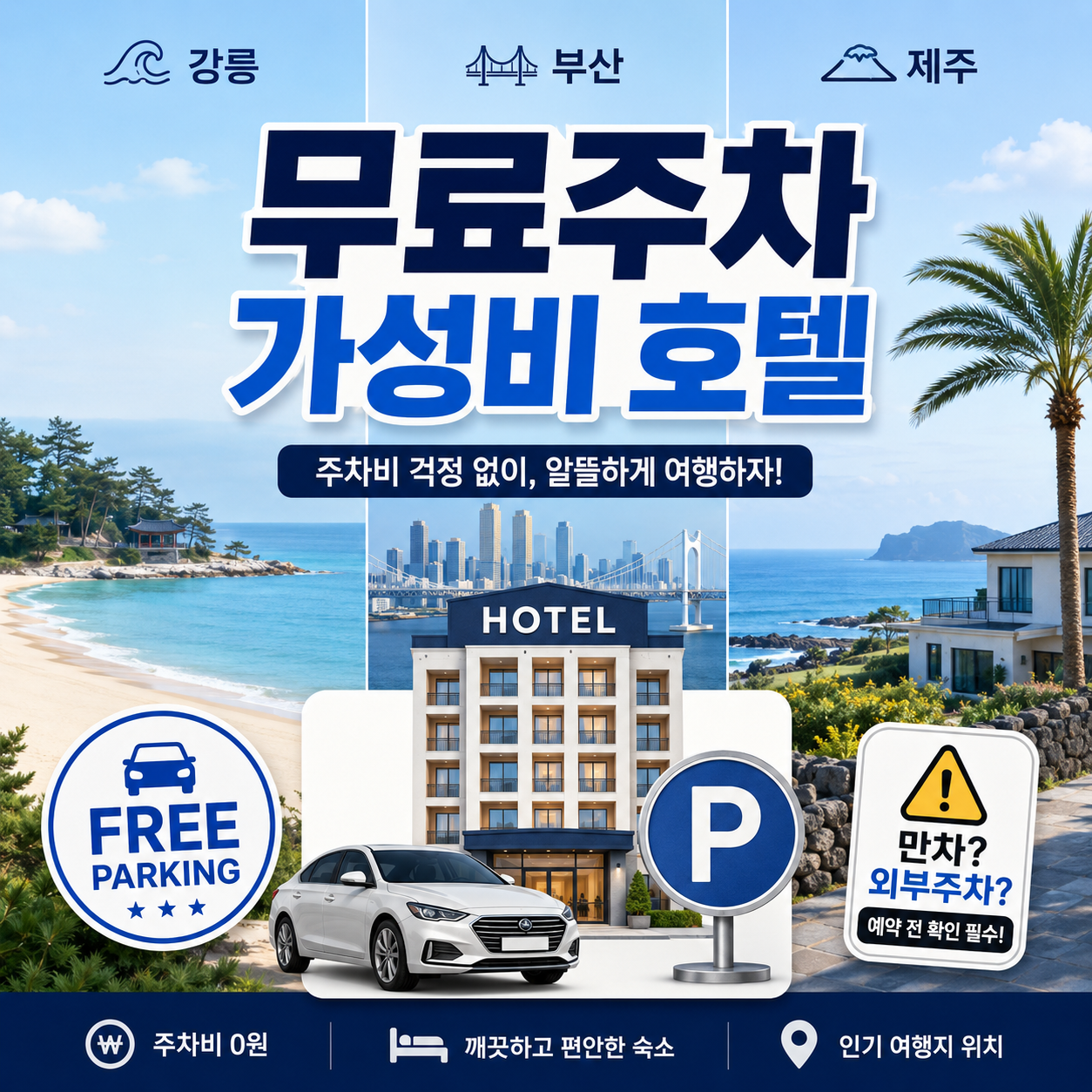 2026 무료주차 가성비 호텔과 강릉 부산 제주 자동차 여행 숙소를 비교한 대표 이미지