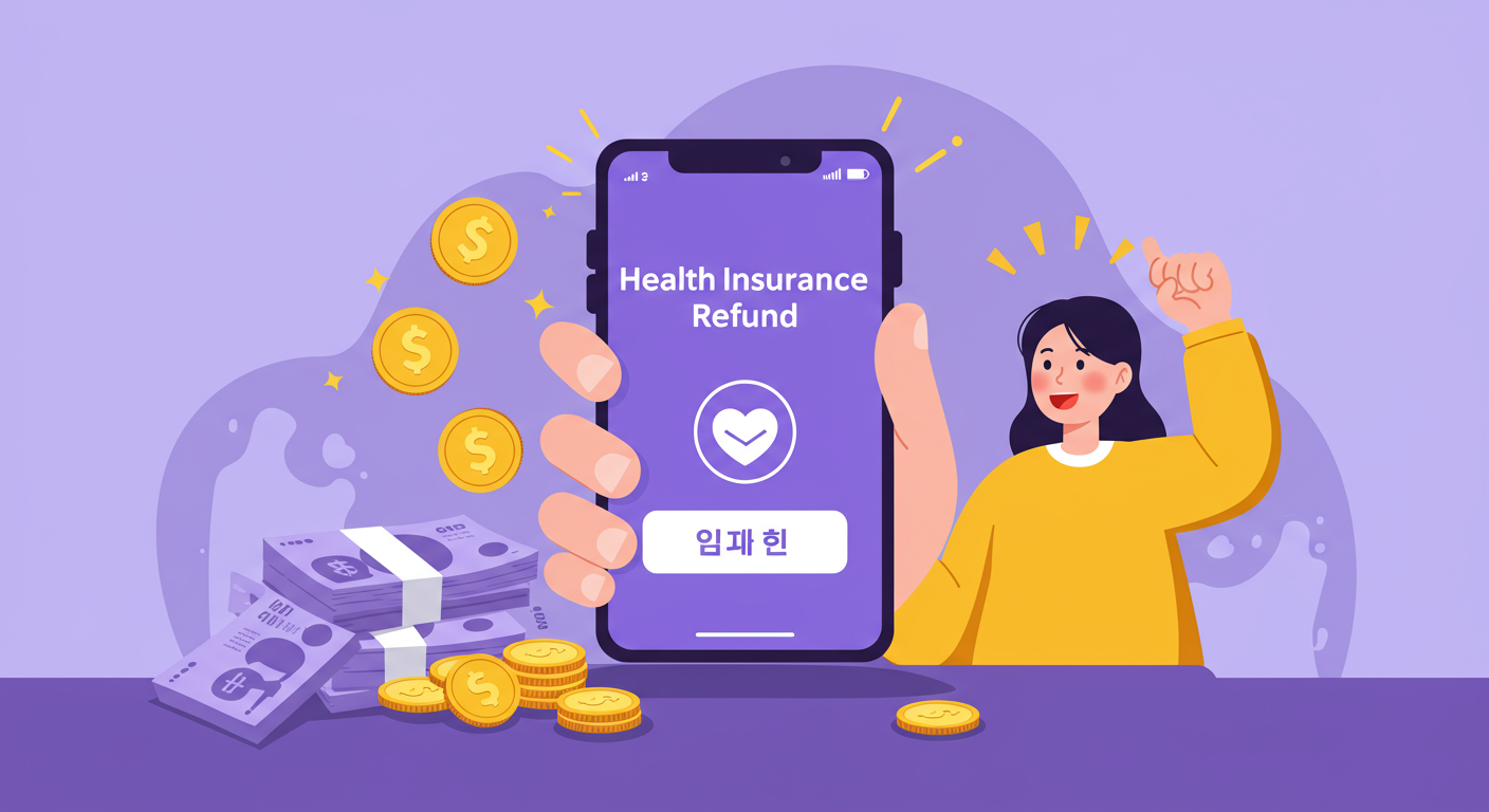 건강보험료 과오납 환급 알림을 받고 기뻐하는 사람의 모습, 건강보험료 환급의 기쁨과 금전적 이득을 상징.
