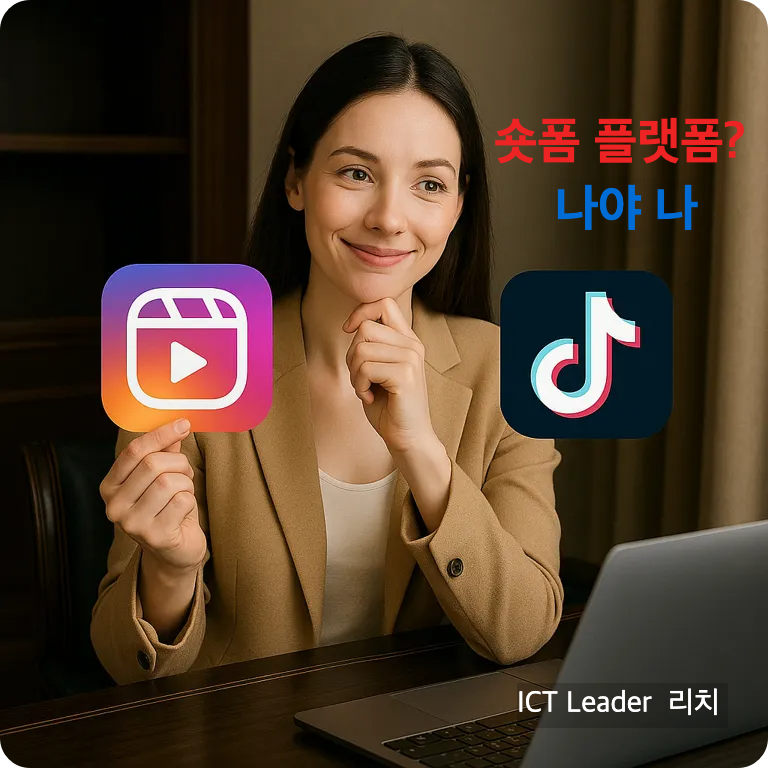 틱톡과 인스타그램 릴스를 고민하고 고민하며 한쪽을 선택하는 듯한 밝은 모습