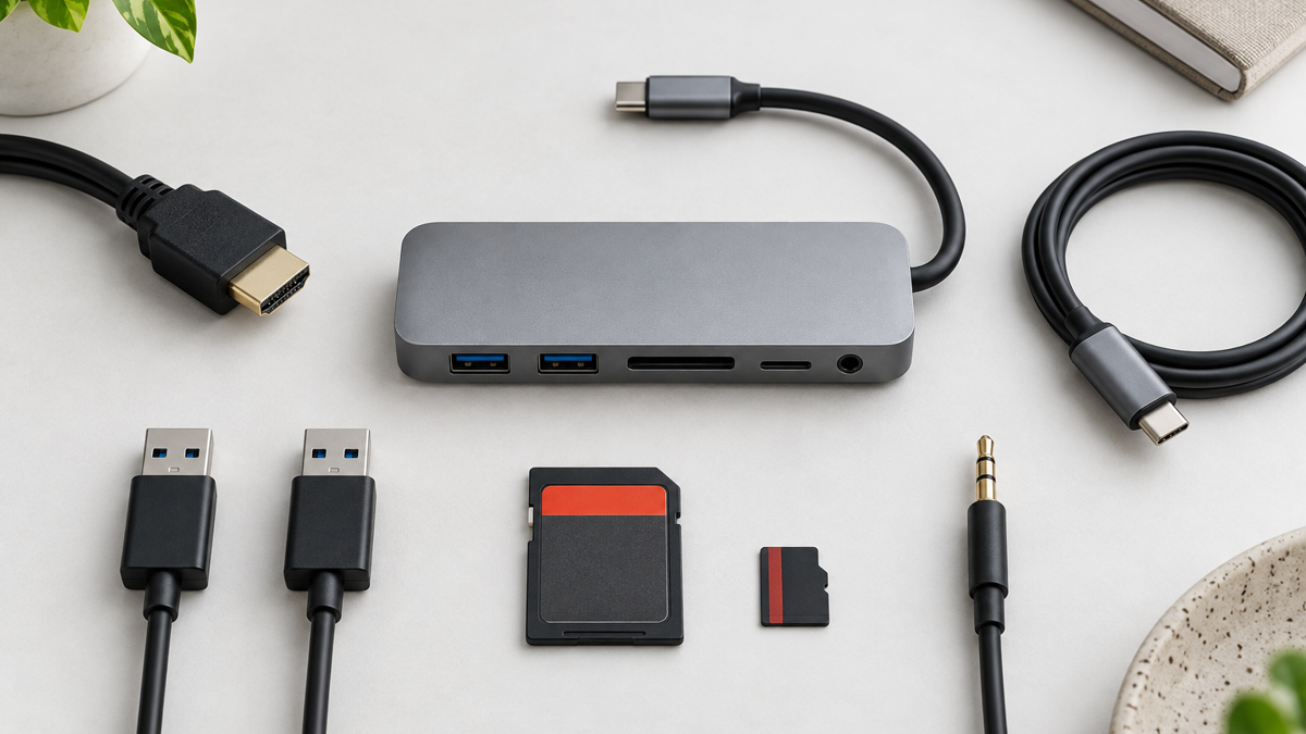 USB-C 허브 주변에 HDMI와 USB-A, SD 카드, 오디오 연결 단자가 정돈된 모습