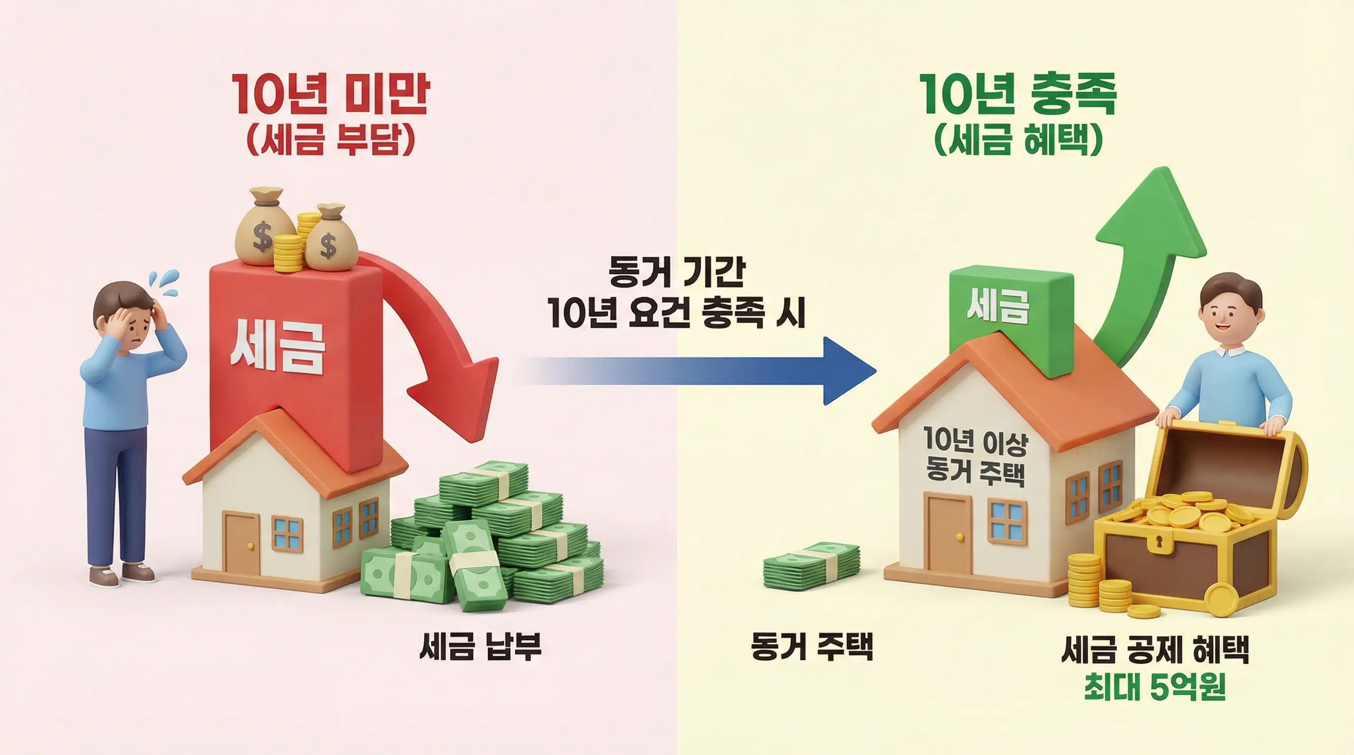 동거 주택 상속 공제 10년 요건 충족 시 줄어드는 세금 혜택을 시각적으로 보여주는 3D 인포그래픽