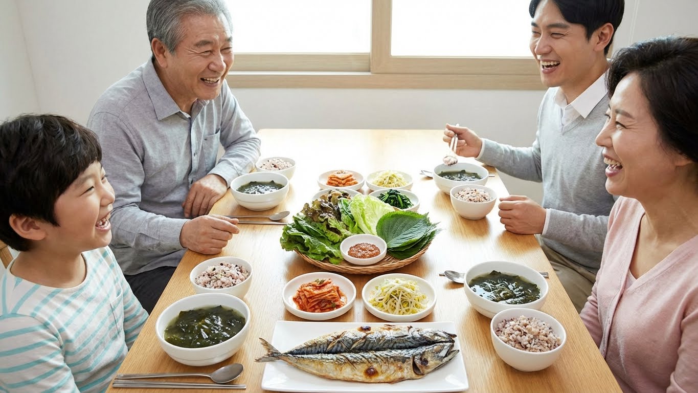 가족이 식탁에 둘러앉아 건강한 식사를 하는 모습