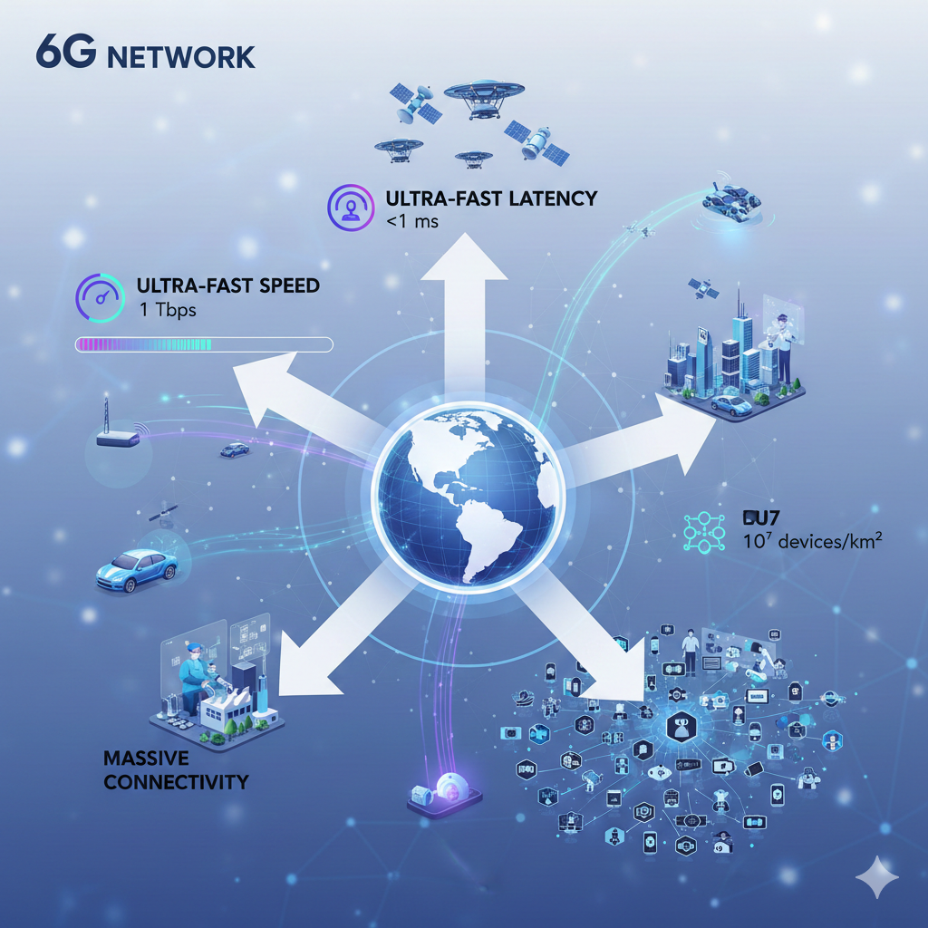 6G 네트워크의 초저지연 및 초고속 특성을 설명하는 인포그래픽 구조