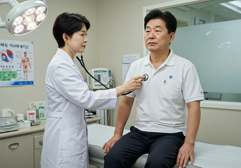 의사가 청진기로 중년 남성 환자의 가슴을 진찰하고 있는 모습. 환자는 약간 긴장한 표정이며, 의사는 차분하고 전문적인 태도를 보인다. 병원 진료실 배경.