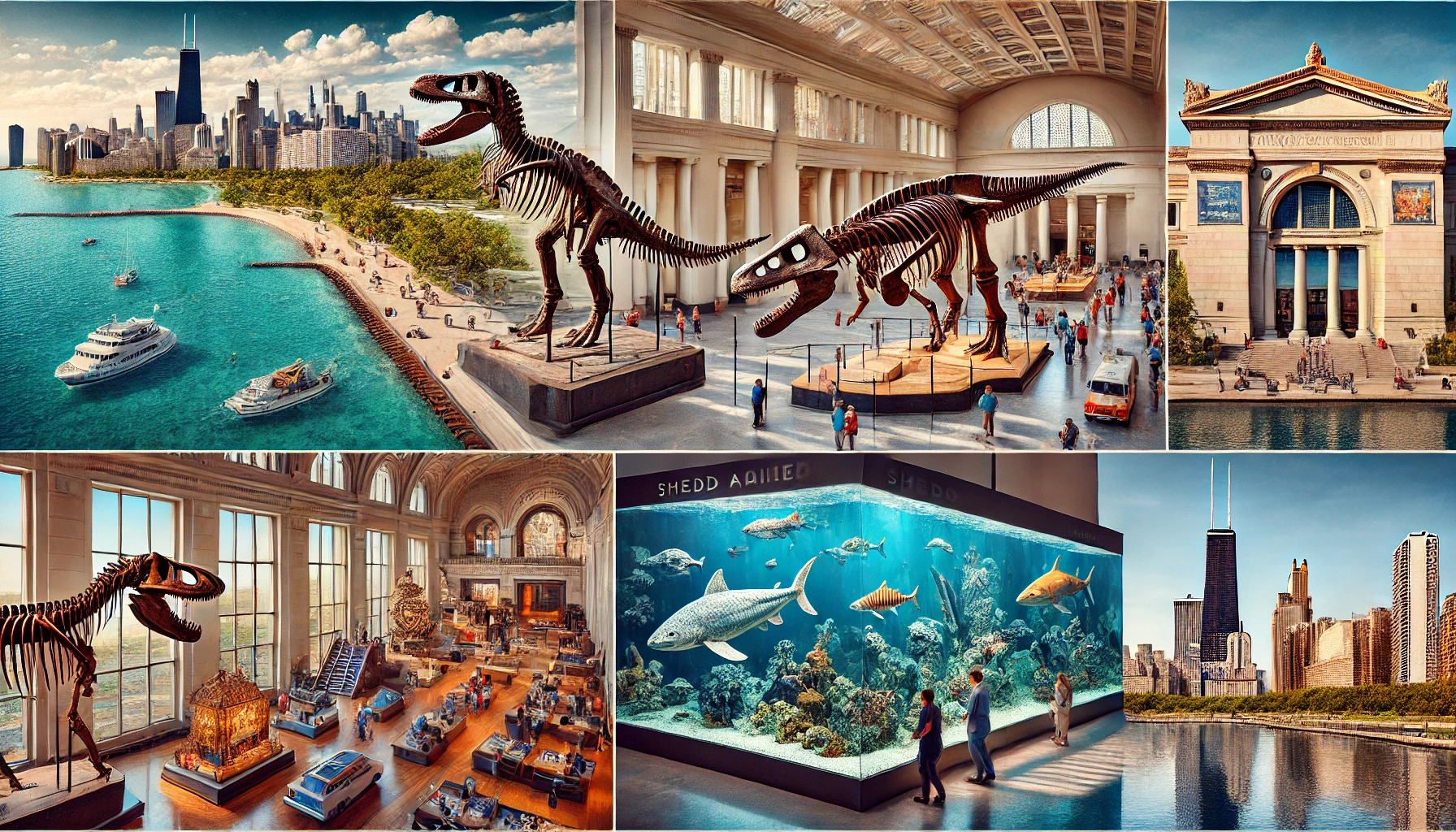 시카고 호숫가에 위치한 필드 자연사박물관, 시카고 과학관, 셰드 수족관의 외관과 내부 전시 모습 콜라주