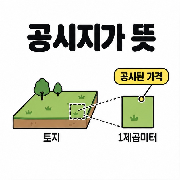 공시지가 뜻 제목과 함께 토지의 1제곱미터 부분을 확대해 공시된 가격을 설명하는 그림