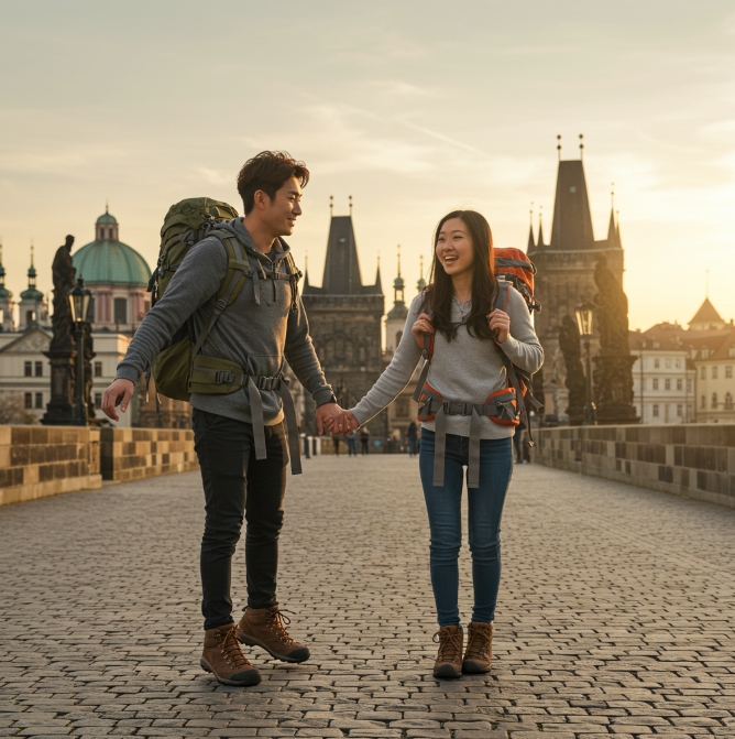 연인이 함께 유럽 배낭여행을 같이 즐기는 모습의 이미지