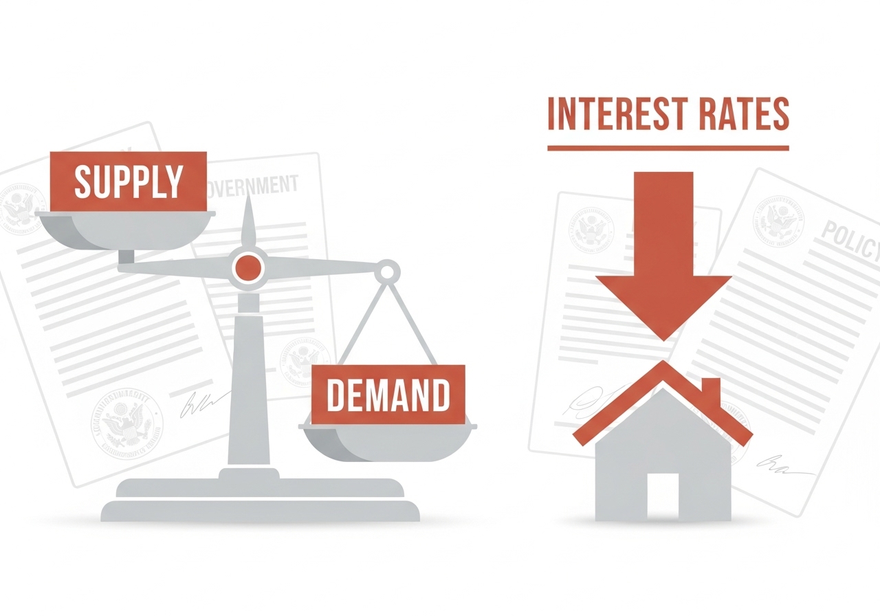 주택 공급 감소, 금리 인하 기대감, 정부 정책 변화 등 부동산 시장 반등 요소를 나타내는 시각화.