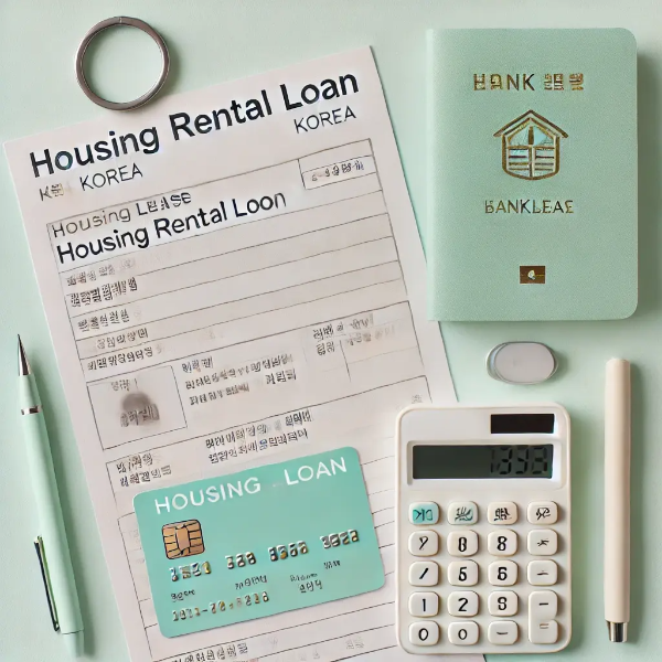 주택 임대차 계약서, 통장, 계산기 등 월세대출 신청 준비물 정물 이미지