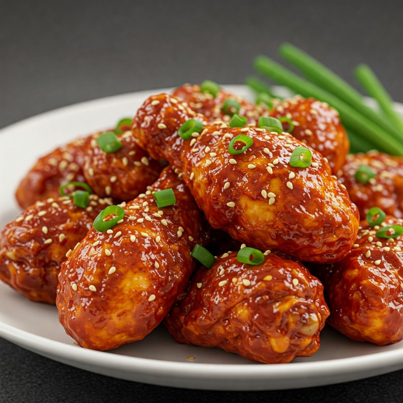 윤기가 흐르고 살짝 그을린 붉은색과 주황색 양념으로 코팅된 양념치킨 한 접시. 곁들여진 파와 깨가 보인다