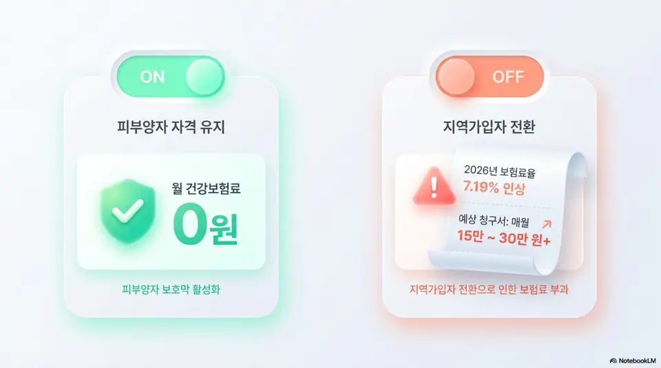 건강보험 피부양자 자격조건: 피부양자 자격 유지 시 월 건강보험료 0원과 지역가입자 전환 시 2026년 보험료율 7.19% 인상으로 매월 15만에서 30만 원 이상 부과되는 차이를 온오프 토글 형태로 비교한 인포그래픽 이미지 
