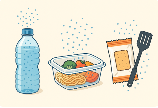 일상 속 세 가지 주요 플라스틱 용품(생수 페트병, 배달 용기, 가공식품 포장재 및 조리 도구)에서 초미세플라스틱이 용출되는 과정을 시각적으로 표현한 이미지