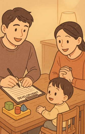 영유아 발달검사를 준비하며 체크표를 확인 중인 부모와 아기
