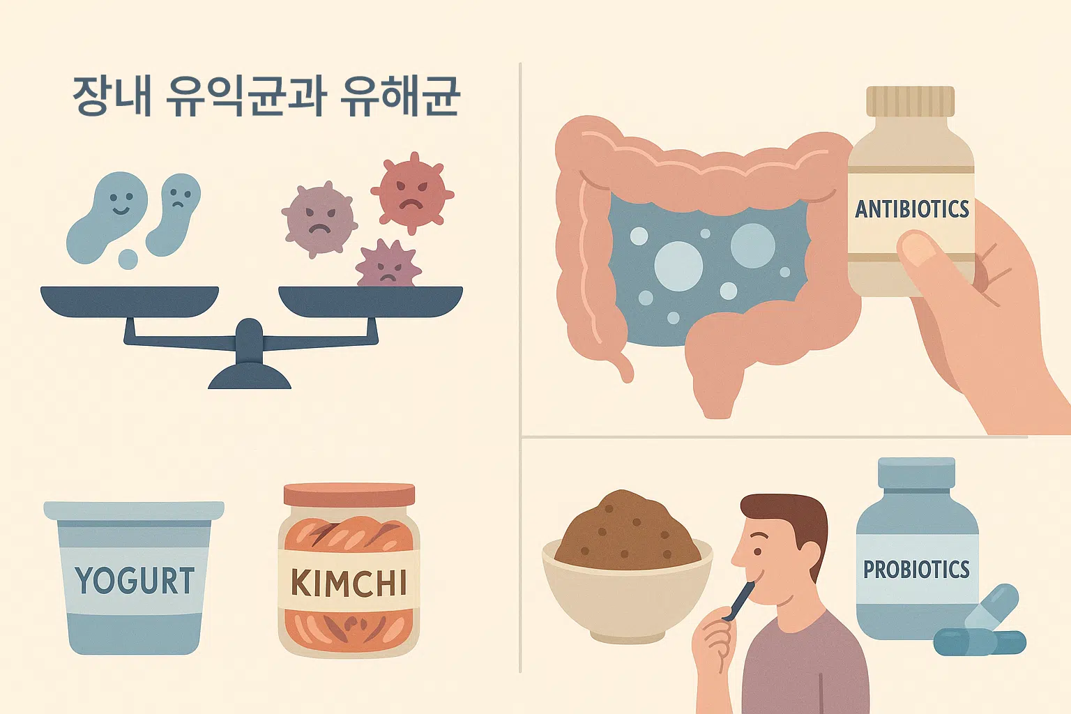 장내 유익균과 유해균의 균형 비교 인포그래픽, 발효와 부패 작용으로 가스가 차는 대장 단면, 항생제 복용 후 유익균 감소 모습, 발효식품(요구르트, 김치, 된장)과 프로바이오틱스 보충제
