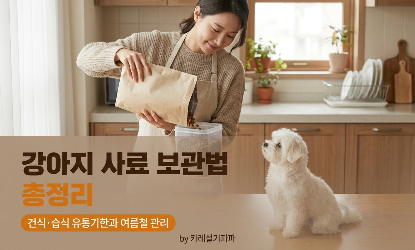 밀폐용기에 사료를 담는 여성