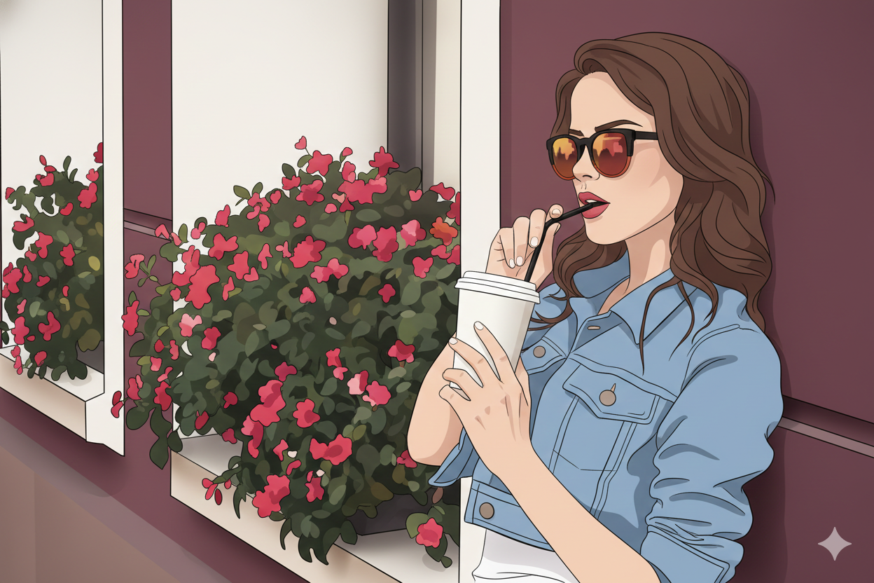 화사한 분홍색 꽃이 핀 건물 외벽에 기대어 선글라스를 쓰고 아이스 커피를 마시는 스타일리시한 여성