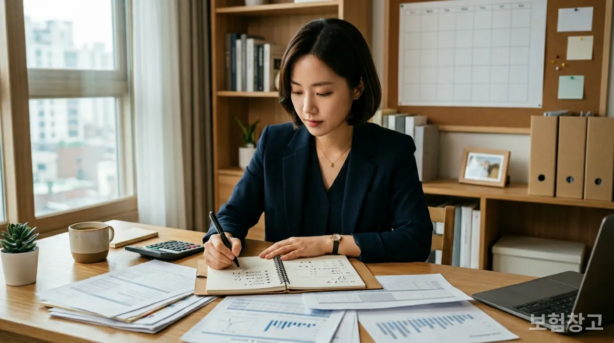보험 상담을 위해 서류와 질문을 정리하는 한국인 직장인