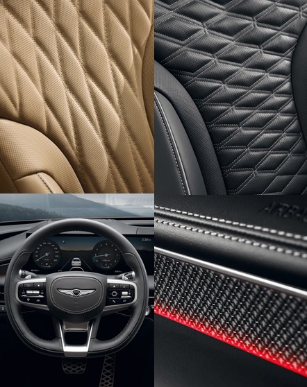 G80 가솔린 2.5 터보 / 가솔린 3.5 실내디자인 프라임 나파 가죽 시트 / 스포츠 전용 프라임 나파 가죽 시트 / 스포츠 전용 D컷 스티어링 휠 / 리얼 카본 소재 가니쉬