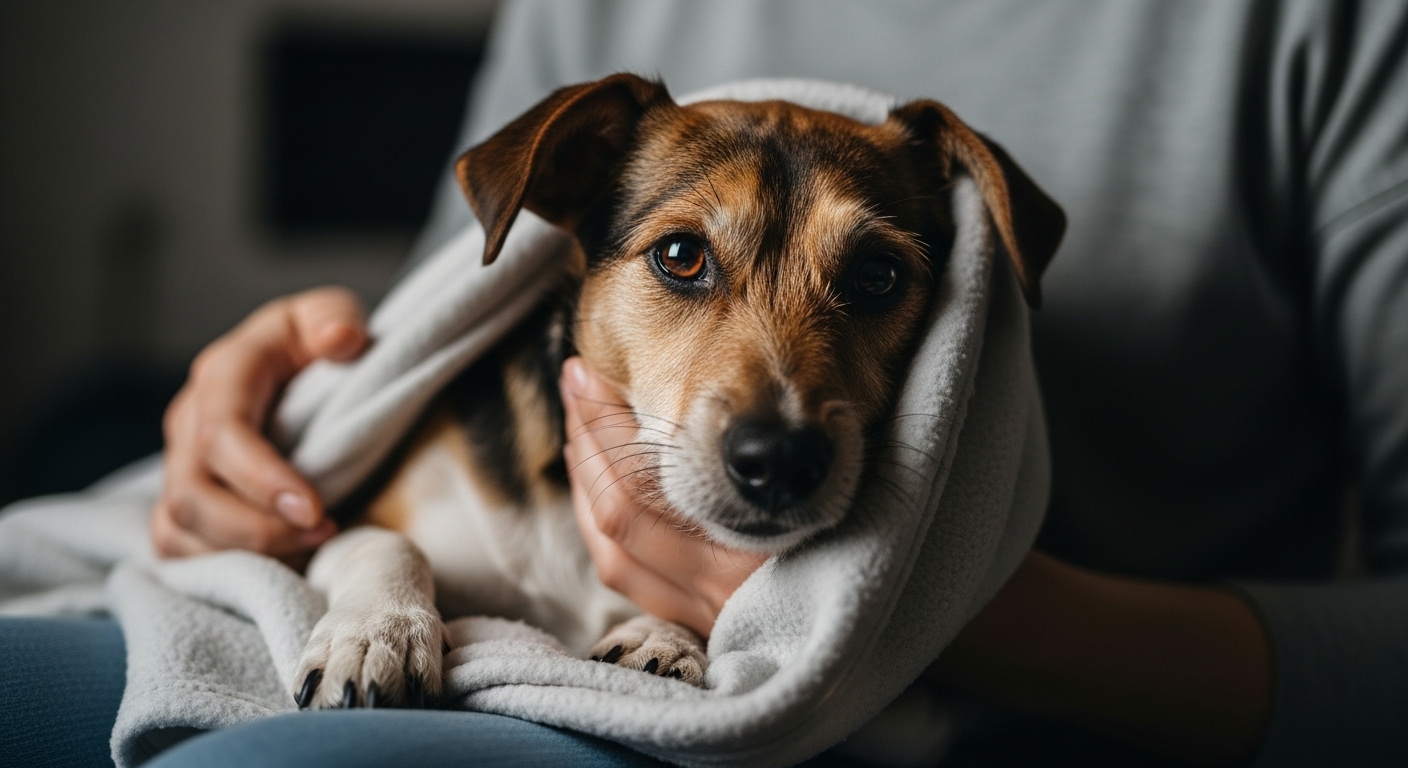 경련 후 보호자의 품에 안겨 있는 강아지.