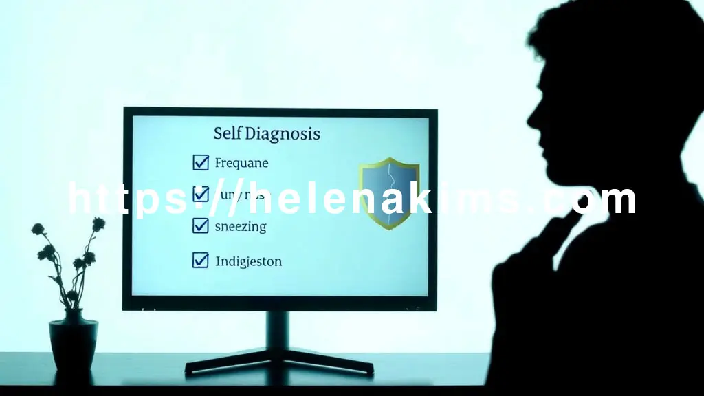 밝고 차분한 배경에 자가진단 체크리스트 형식의 화면이 놓여있다. 목록 위로 잦은 피로, 콧물, 재채기, 소화 불량 아이콘들이 흐릿하게 체크되어 있고, 옆에는 면역력 저하를 상징하는 금이 간 방패 아이콘. 한쪽에서 자신의 증상을 고민하는 사람의 실루엣이 이를 들여다보는 모습.