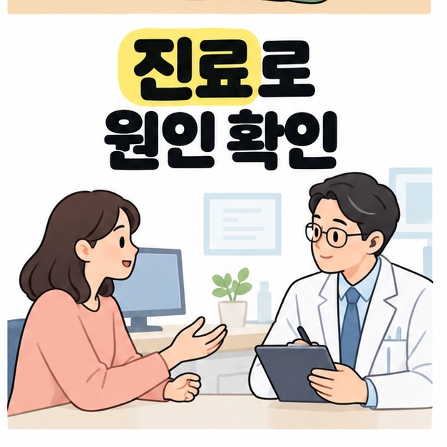 진료로 원인 확인 문구 아래 손을 보여주며 의사와 증상을 상담하는 여성