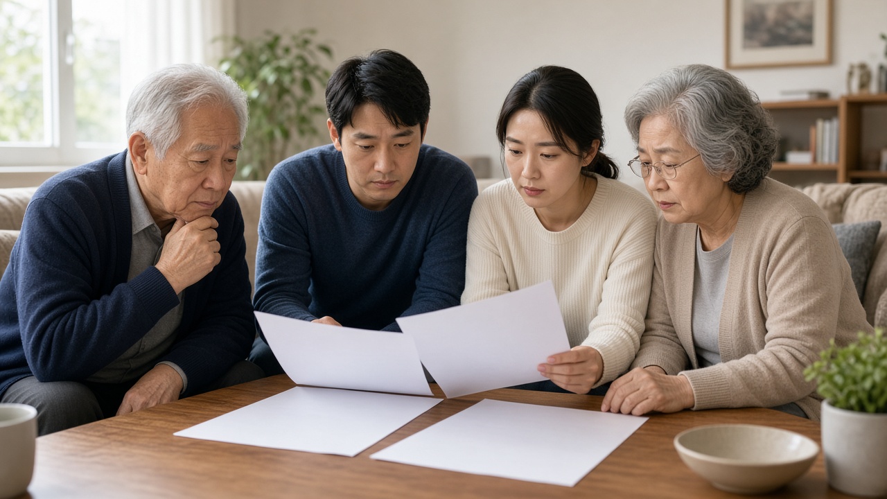 부모님 진료비 영수증을 함께 살펴보는 30대 한국인 부부와 70대 부모