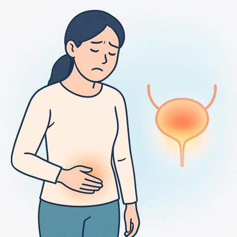 소변 시 통증을 느끼는 여성과 방광&middot;요도 부위를 강조한 일러스트