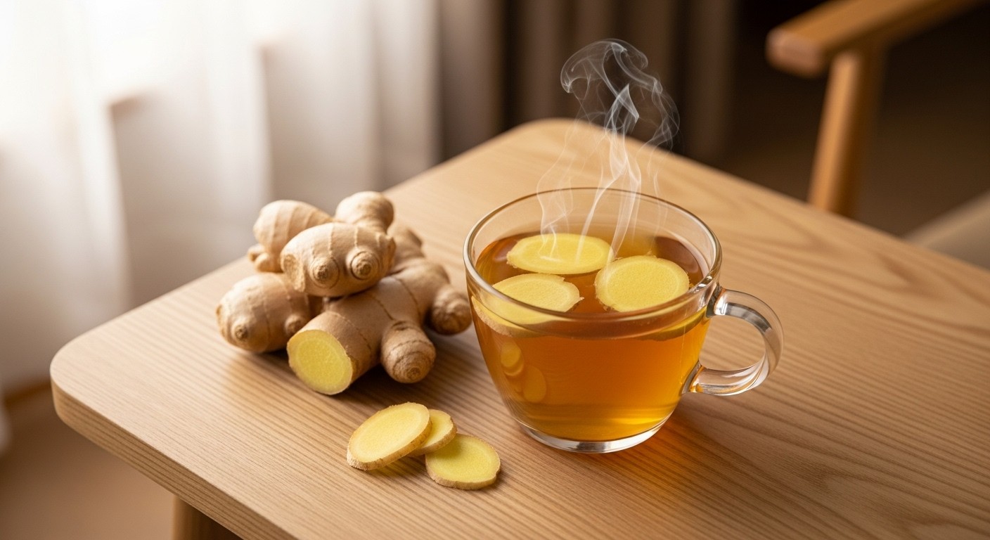 따뜻한 생강차 한 잔과 함께 신선한 생강 조각들이 놓인 모습, 편안하고 건강한 분위기 연출