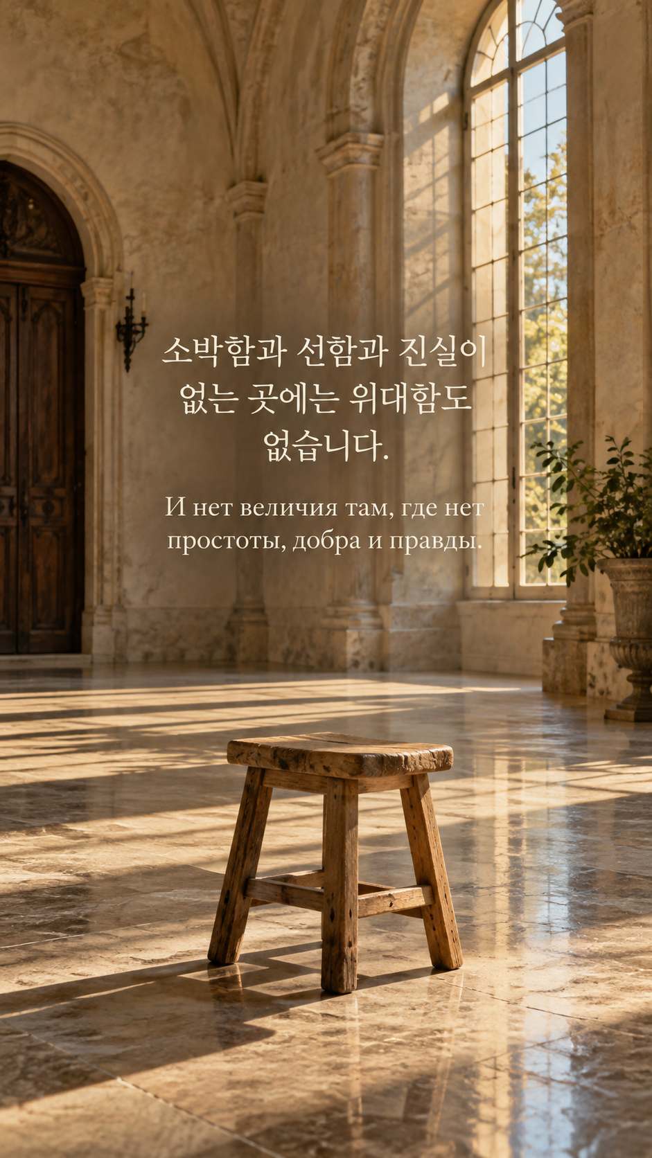 위대함을 판단하는 기준 — 넓은 홀에 놓인 소박한 나무 의자
