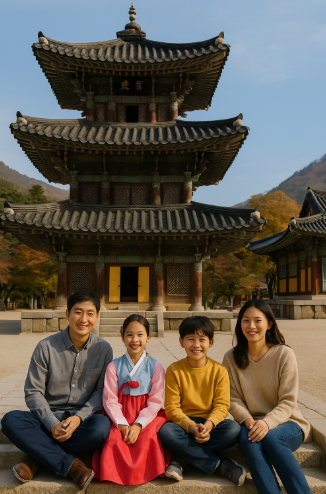 법주사에서 여행하며 기념사진 찍는 가족 모습