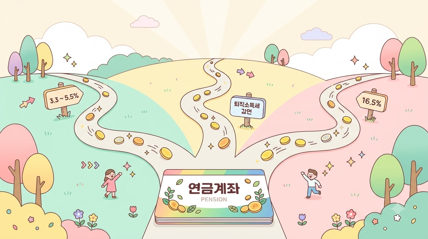 연금 통장에서 돈이 세 갈래 길로 나뉘어 나가는 모습, 길마다 다른 세율 표지판