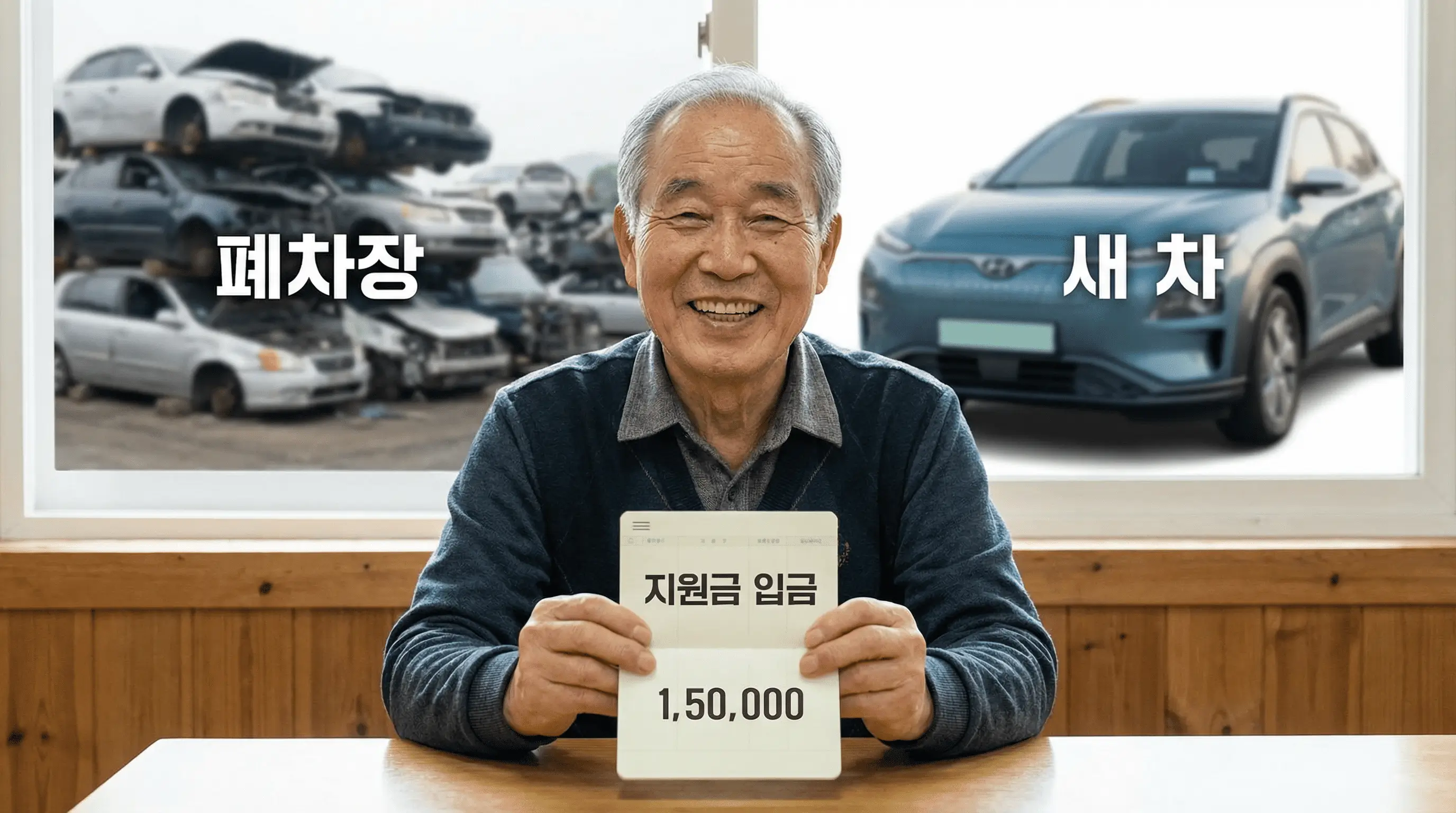 통장에 입금된 지원금을 확인하며 기뻐하는 모습과 배경에는 흐릿하게 보이는 폐차장과 새 차 이미지