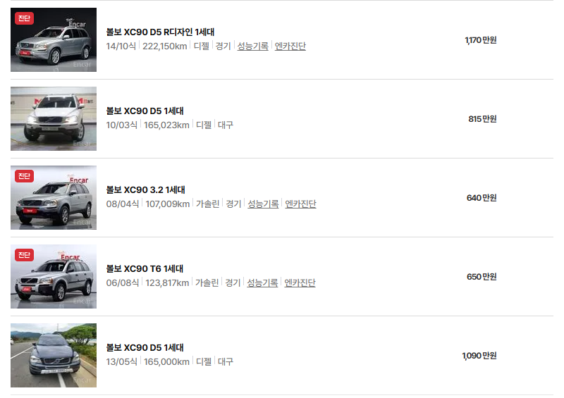 볼보 XC90 중고차 가격 시세표 연비